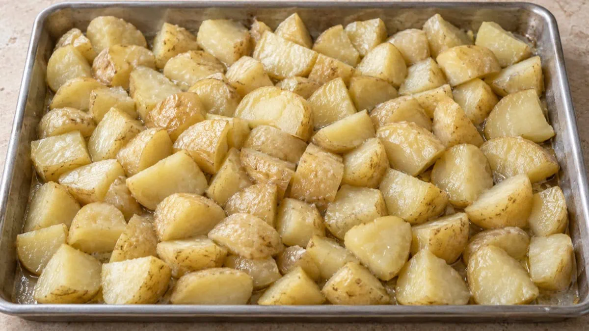 Plaque surchargée de pommes de terre pâles et humides qui ont cuit à la vapeur