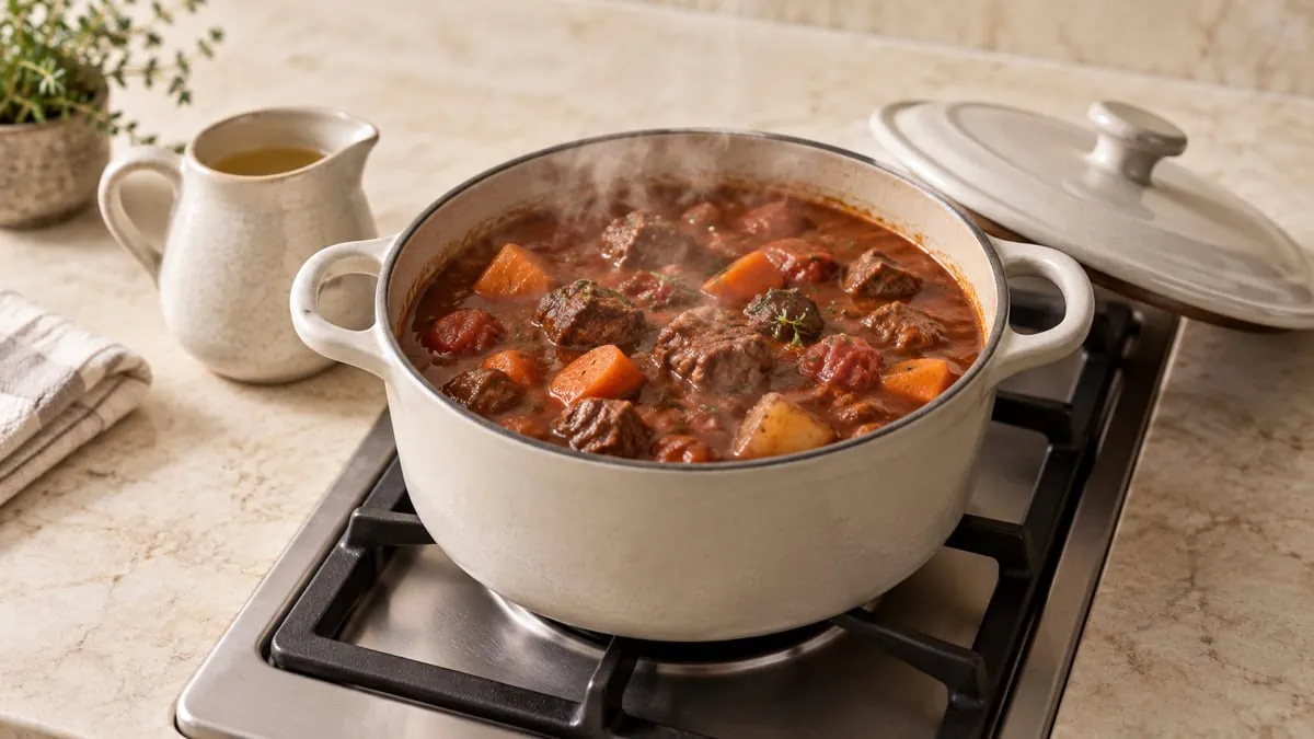 Ragoût réchauffé doucement dans une casserole avec un peu de bouillon