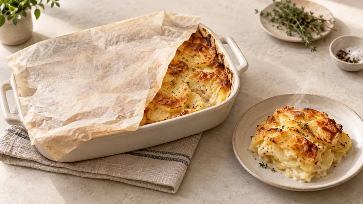 Gratin de pommes de terre couvert au four pour conserver son moelleux