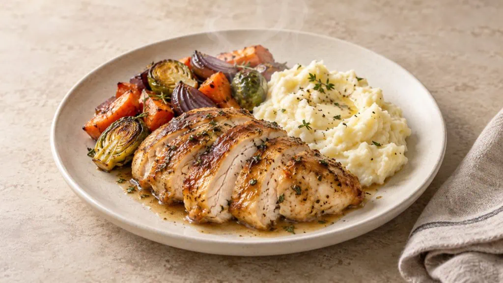 Poulet rôti, purée et légumes réchauffés en conservant leur moelleux