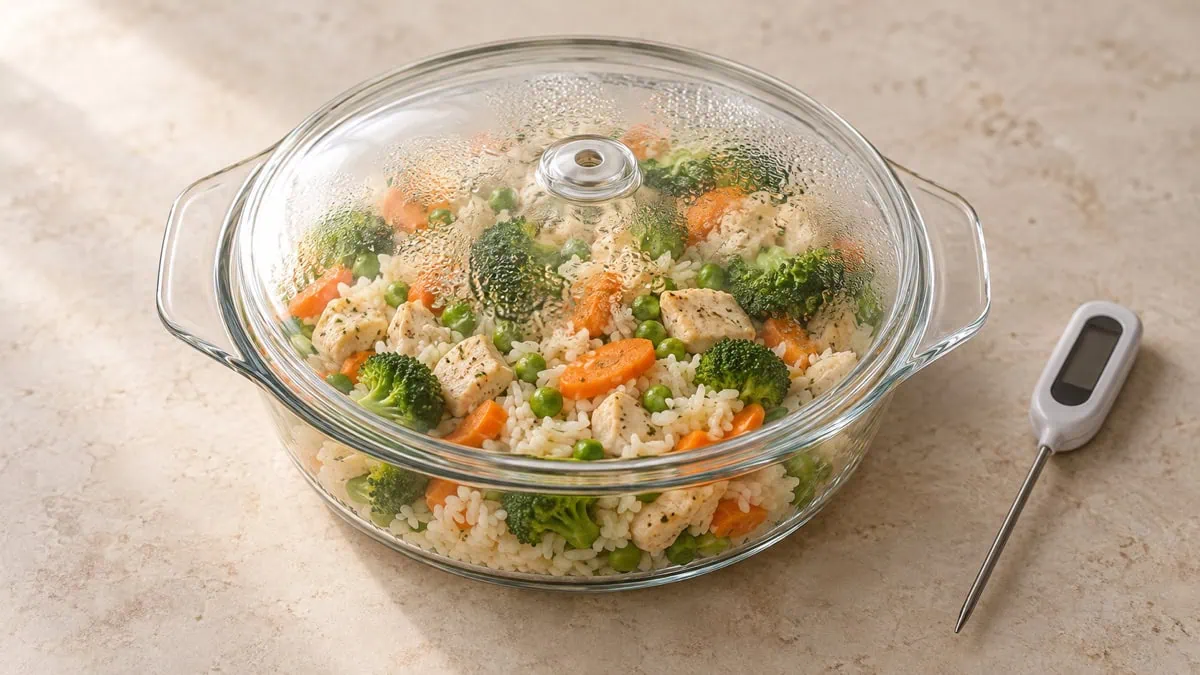 Riz, poulet et légumes réchauffés dans un plat en verre couvert et ventilé