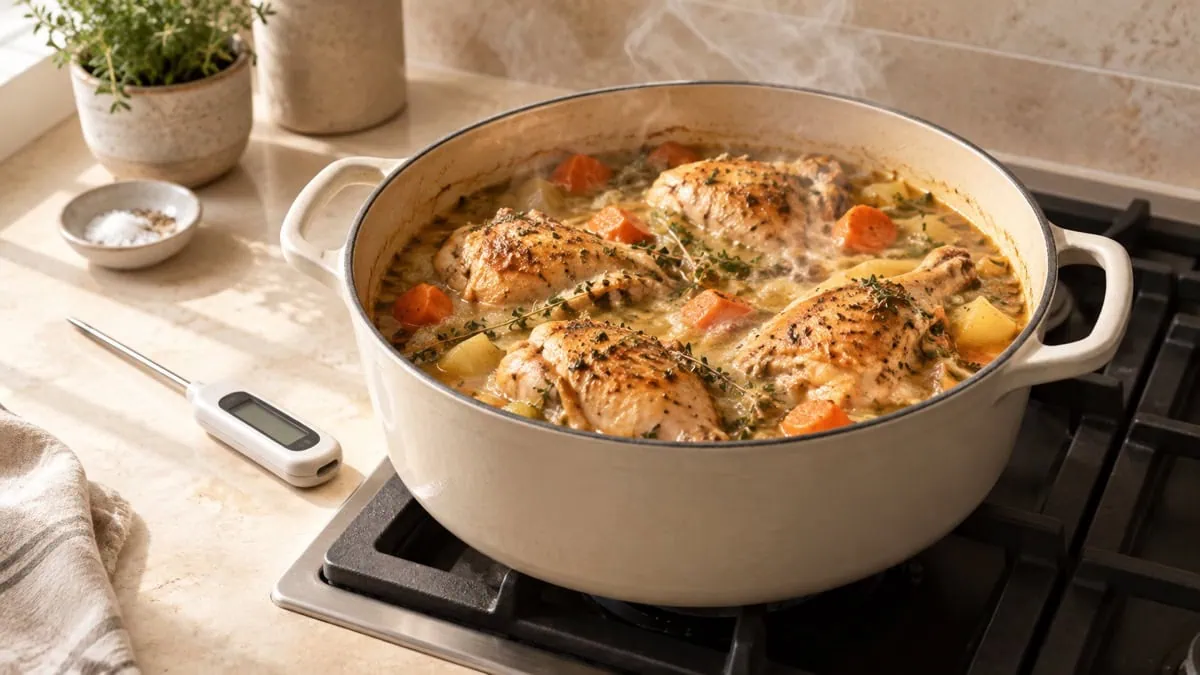 Poulet décongelé puis complètement cuit dans une cocotte avant congélation du plat cuisiné