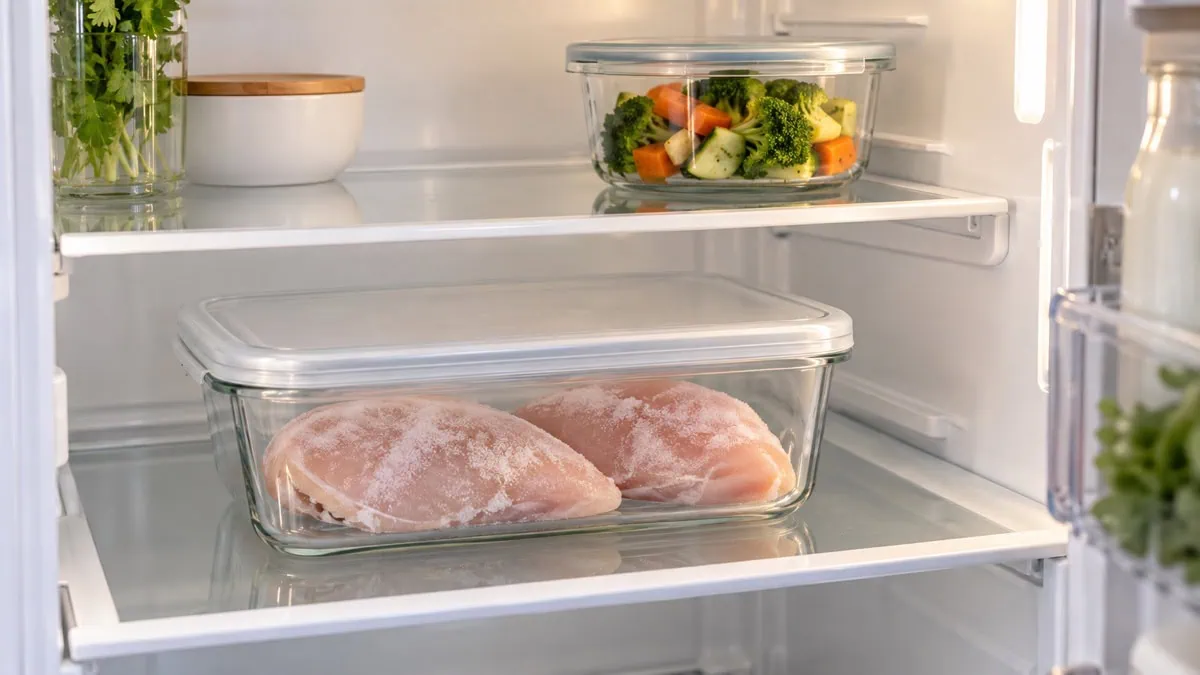 Blancs de poulet décongelant au réfrigérateur dans un récipient fermé sur l’étagère inférieure
