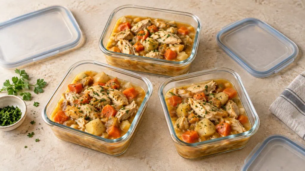 Plat de poulet cuit réparti dans des boîtes avant congélation
