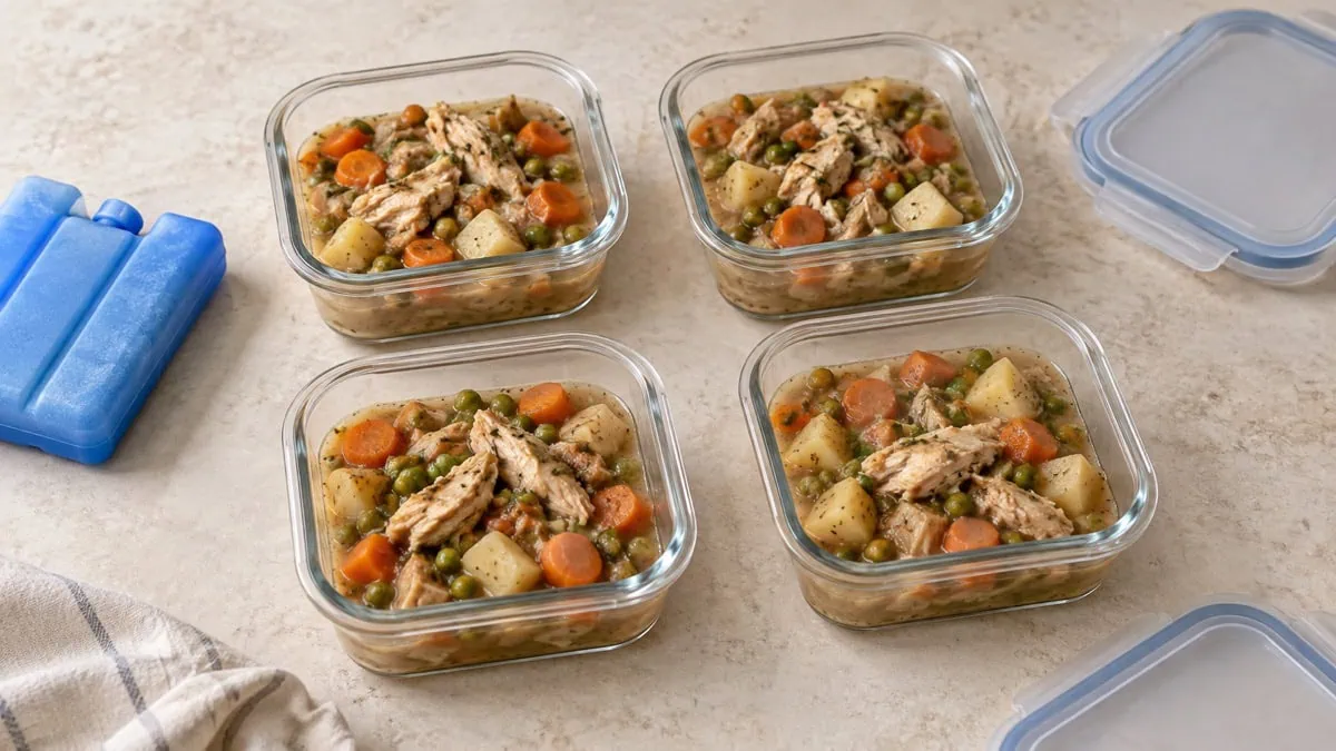 Plat de poulet cuit réparti en petites portions peu profondes avant congélation