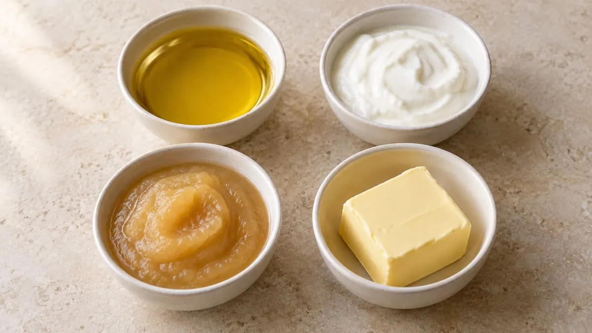 Huile, yaourt, compote de pommes et matière grasse végétale présentés dans quatre bols