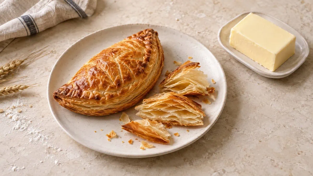 Pâte feuilletée dorée aux couches bien séparées avec une matière grasse végétale solide