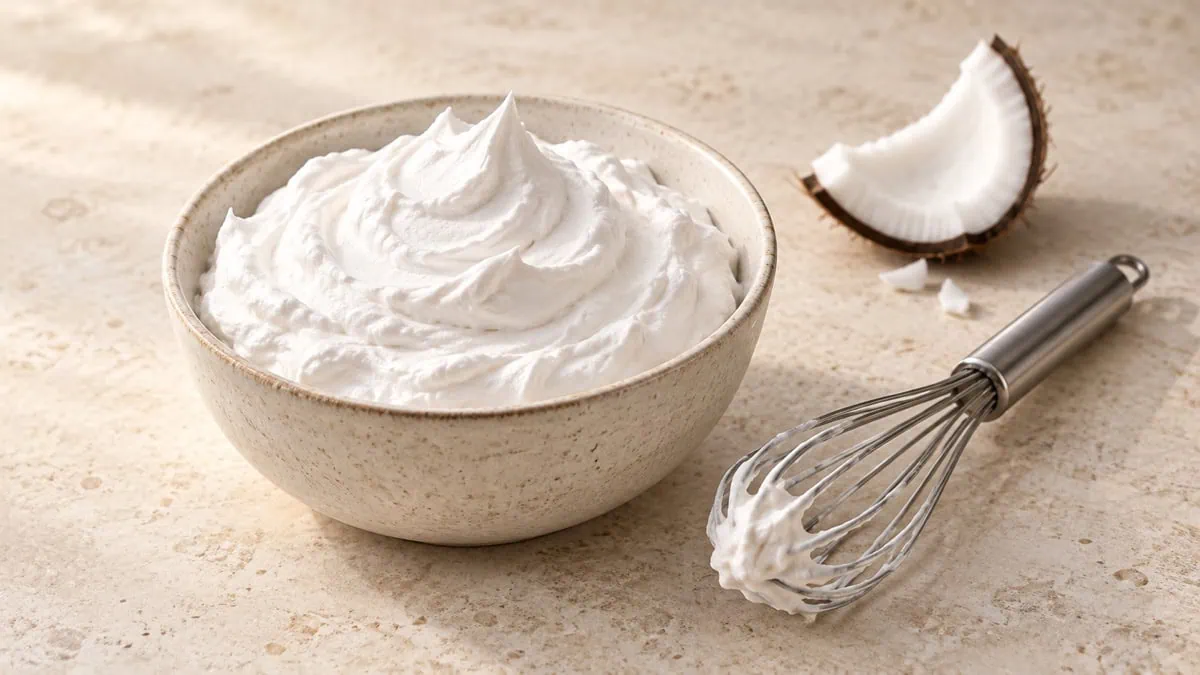 Crème de coco fouettée en pics fermes dans un bol en grès avec un fouet