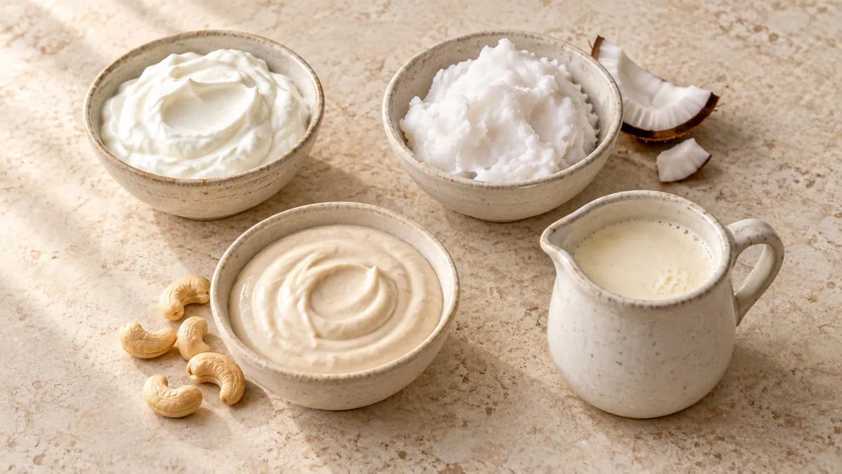 Yaourt épais, crème de coco, crème de cajou et mélange de lait et beurre présentés séparément