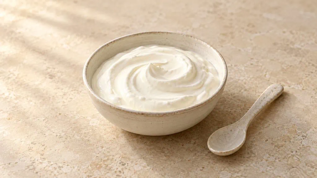 Crème fraîche épaisse dans un bol en grès avec une cuillère en céramique