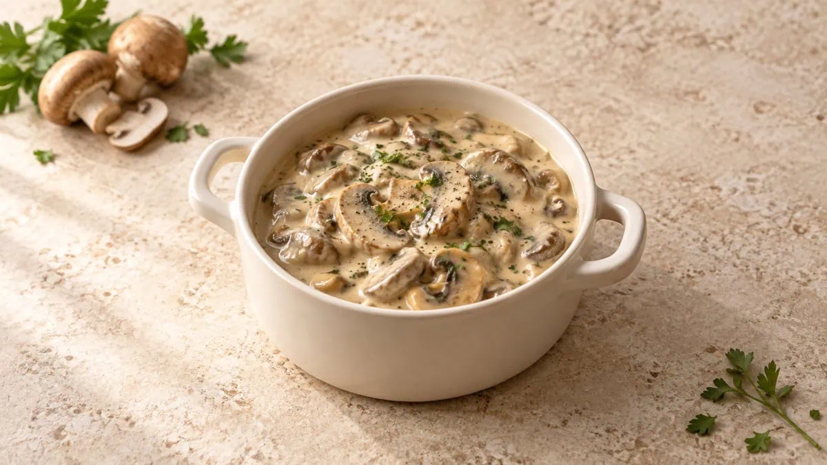 Sauce crémeuse aux champignons dans une cocotte en céramique claire