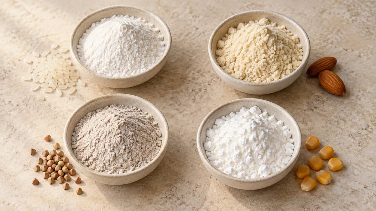 Farine de riz, poudre d’amandes, farine de sarrasin et fécule de maïs présentées dans quatre bols