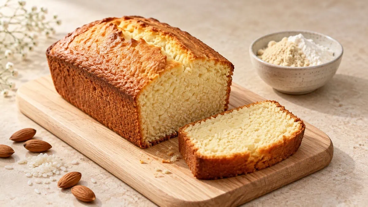 Cake doré préparé avec un mélange de farine de riz et de poudre d’amandes