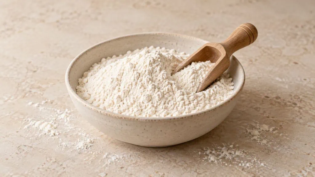 Farine de blé blanche dans un bol en grès avec une petite pelle en bois