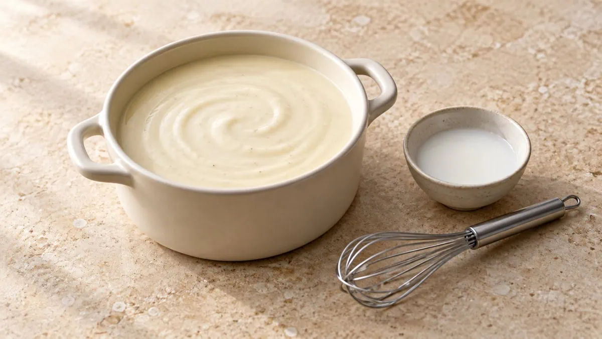 Sauce blanche lisse avec un petit bol de fécule délayée et un fouet