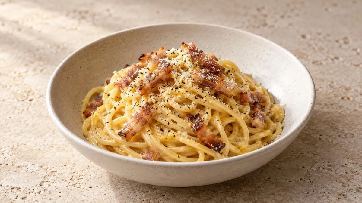 Spaghetti carbonara crémeux avec charcuterie croustillante, pecorino et poivre noir