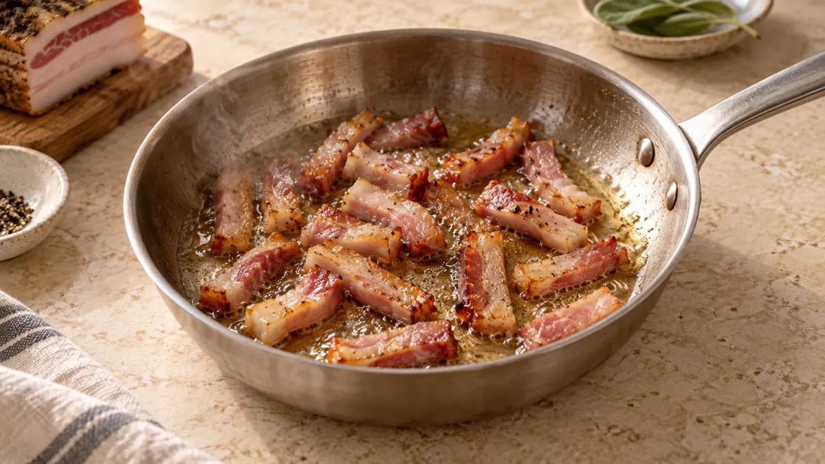 Bâtonnets de charcuterie italienne dorant doucement dans leur gras dans une poêle