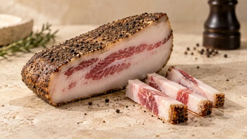 Morceau de guanciale italien poivré avec plusieurs bâtonnets découpés