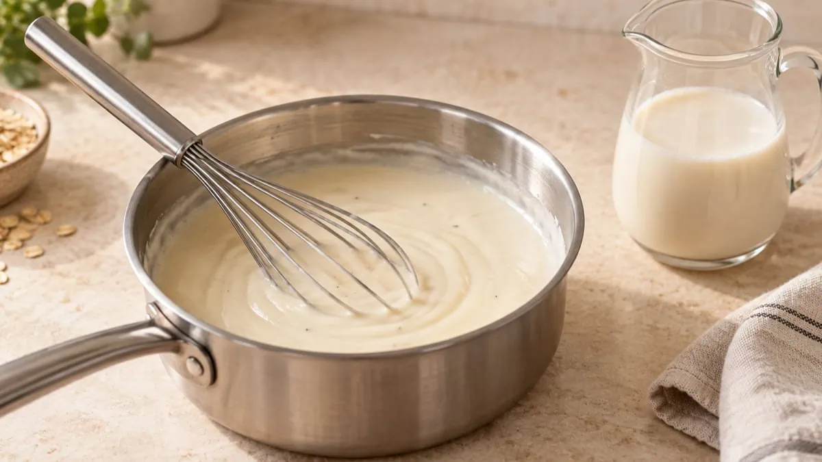 Béchamel végétale lisse préparée dans une casserole avec une boisson d’avoine