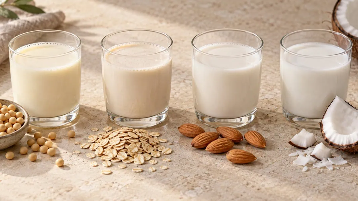 Boissons de soja, d’avoine, d’amande et de coco présentées dans quatre verres