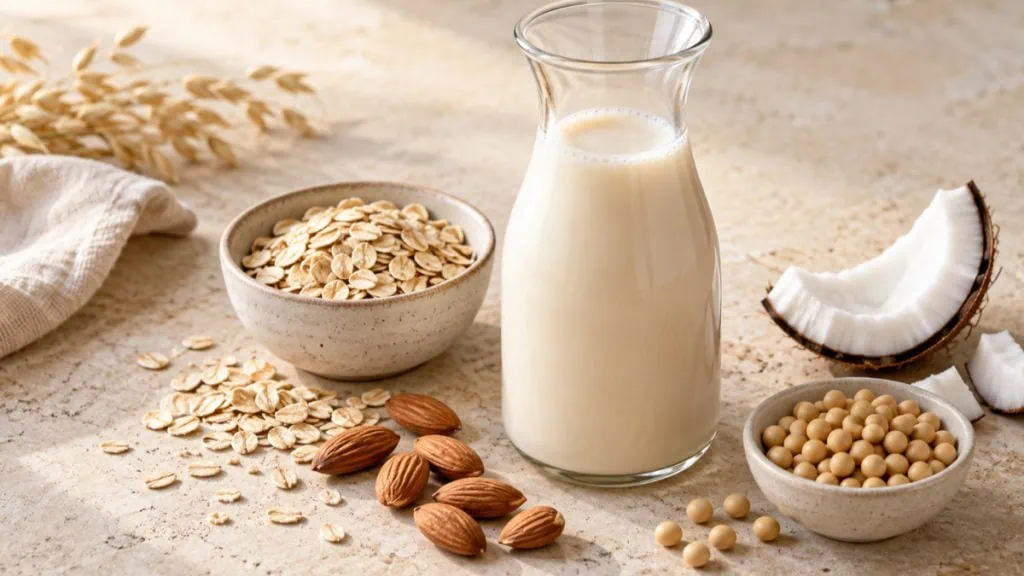 Carafe de boisson végétale entourée d’avoine, d’amandes, de soja et de noix de coco