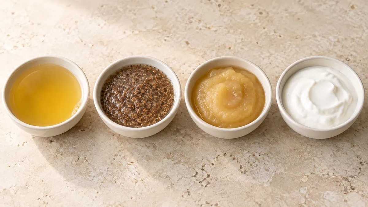 Aquafaba, gel de graines de lin, compote et yaourt présentés comme substituts aux œufs