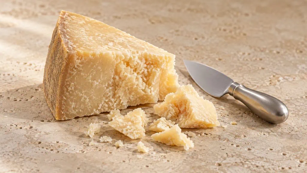 Morceau de fromage dur affiné à la texture granuleuse avec quelques éclats