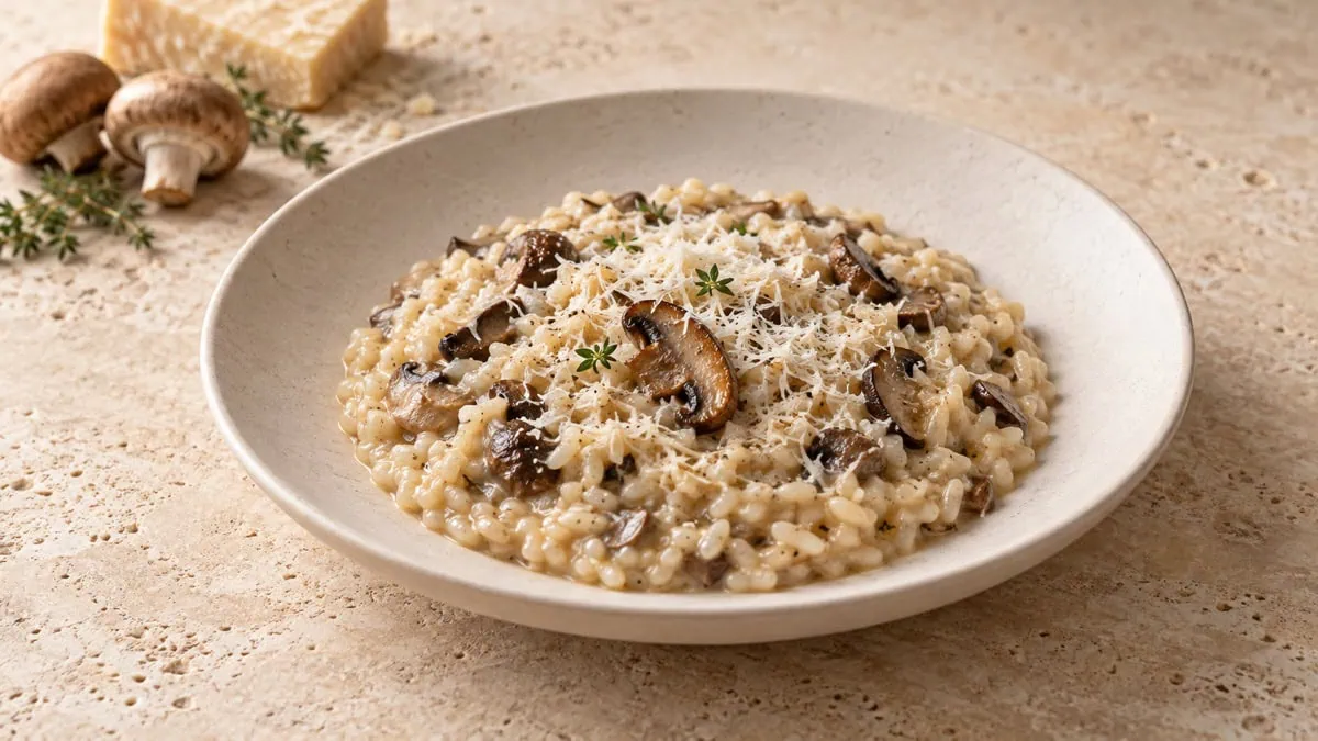 Risotto crémeux aux champignons terminé avec un fromage dur finement râpé