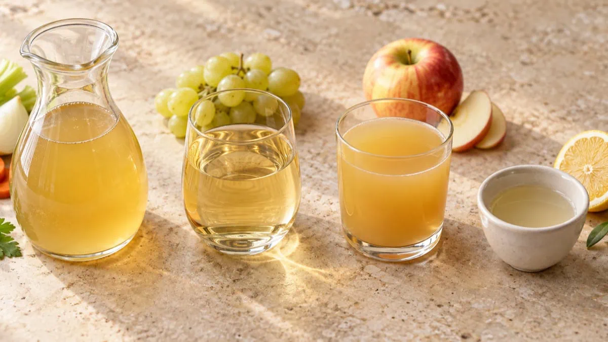 Bouillon, jus de raisin blanc, jus de pomme et vinaigre dilué présentés comme alternatives au vin blanc
