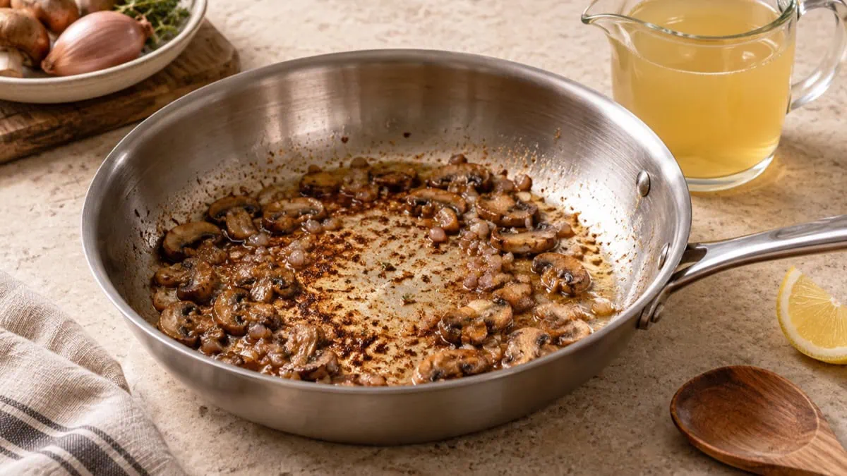Poêle de champignons et échalotes prête à être déglacée avec du bouillon