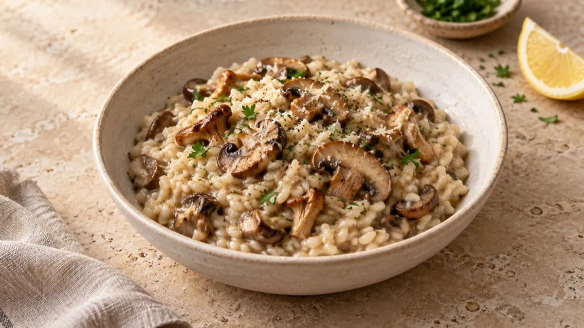 Risotto crémeux aux champignons préparé avec du bouillon et une touche de citron