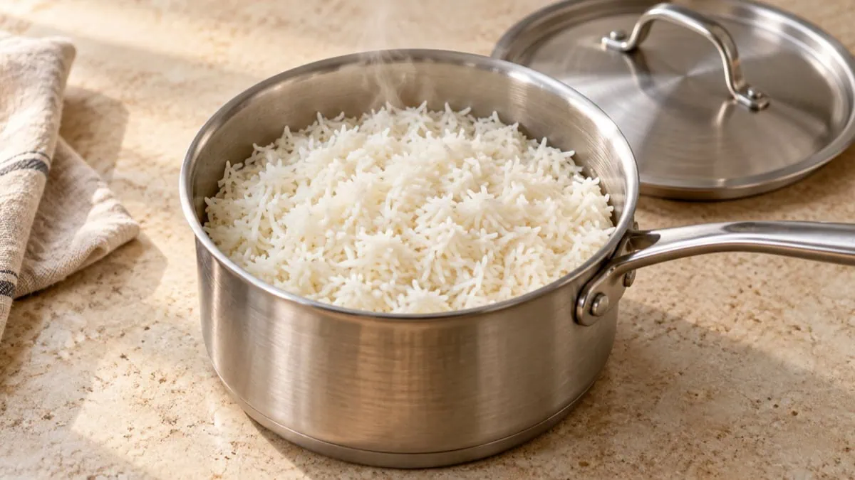 Riz blanc long grain cuit dans une casserole avec des grains séparés