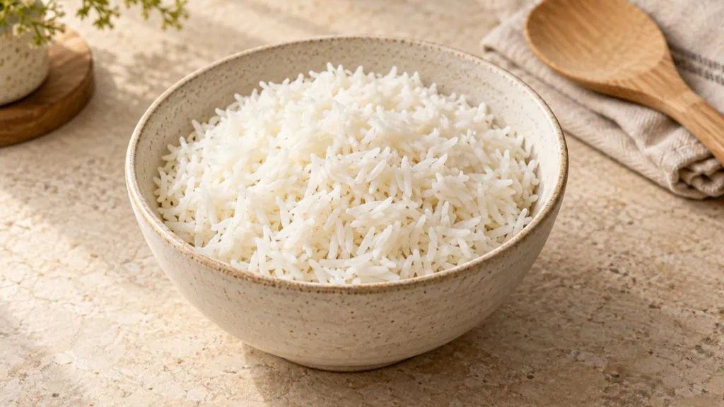 Bol de riz blanc long grain cuit avec des grains bien séparés