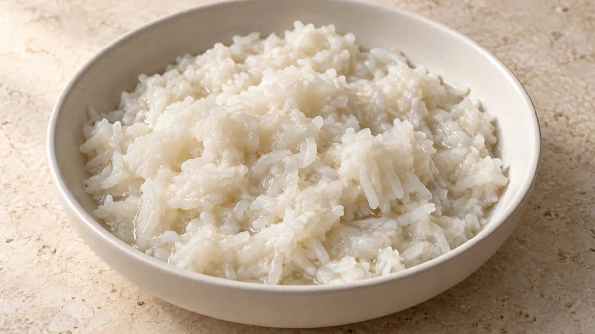 Riz blanc trop cuit, humide et aggloméré dans un plat en céramique