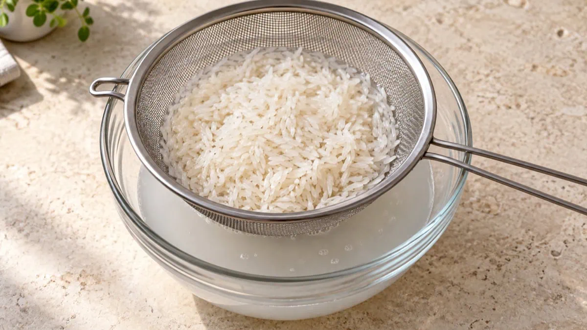 Riz blanc long grain rincé dans une passoire au-dessus d’une eau amidonnée