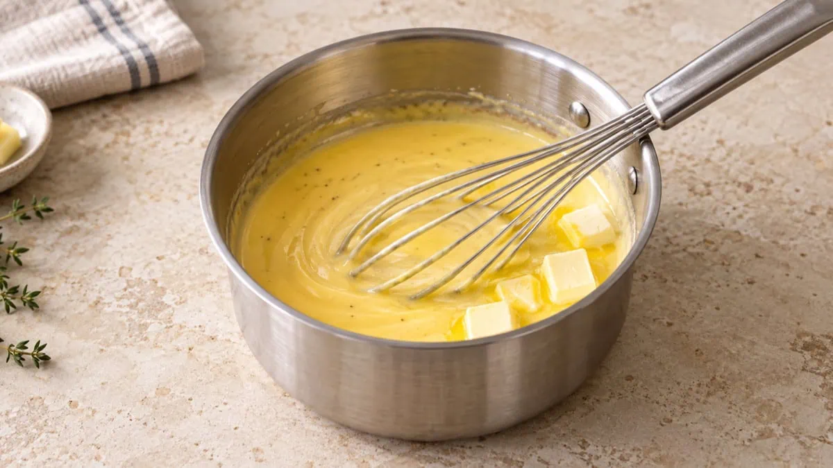 Sauce au beurre fouettée dans une casserole avec des cubes de beurre froid
