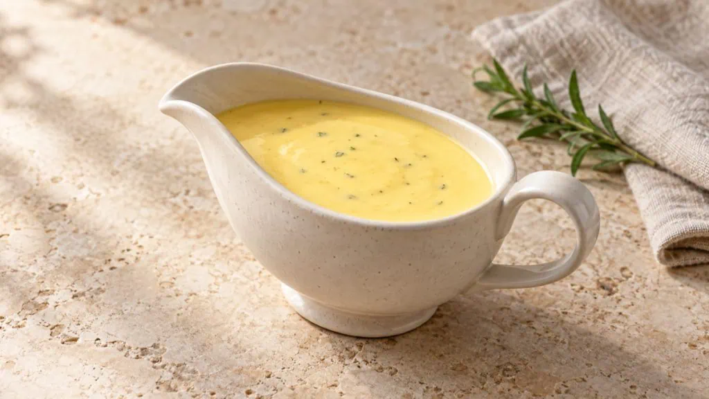 Sauce au beurre lisse et brillante dans une saucière en céramique