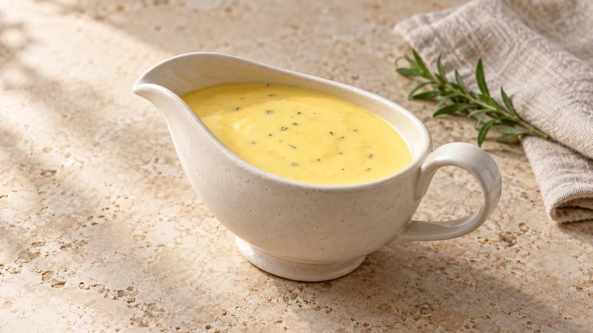 Sauce au beurre lisse et brillante dans une saucière en céramique