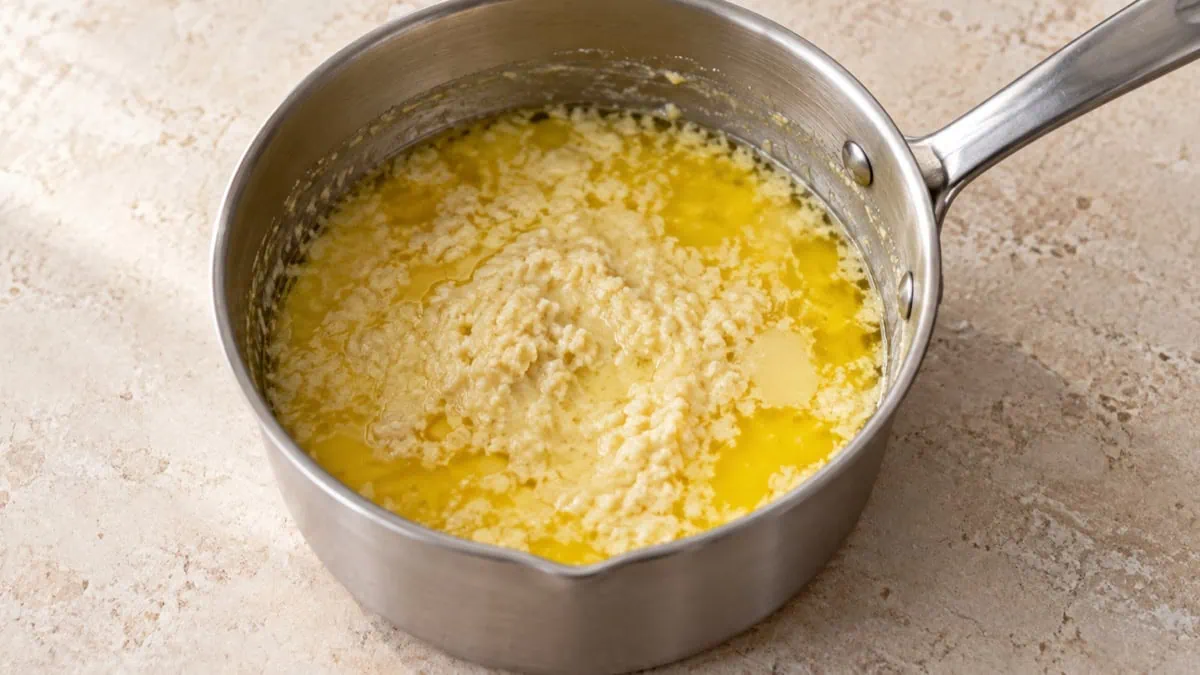 Sauce au beurre tranchée avec flaques de gras et texture granuleuse