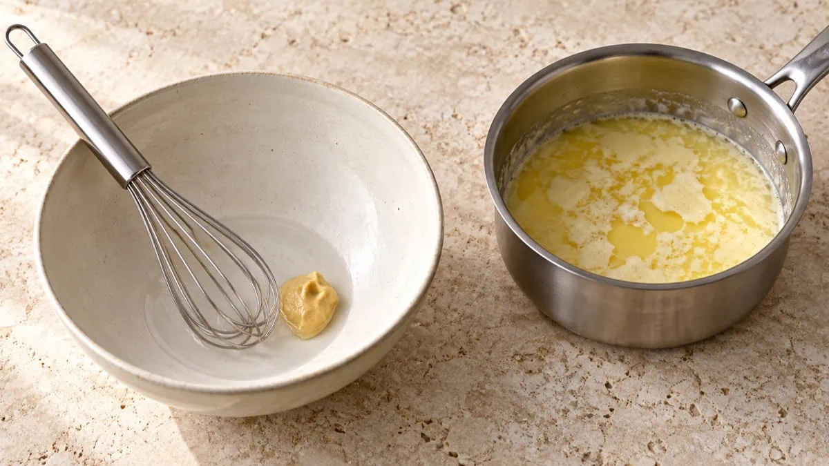 Bol propre avec eau, moutarde et fouet placé à côté d’une sauce tranchée
