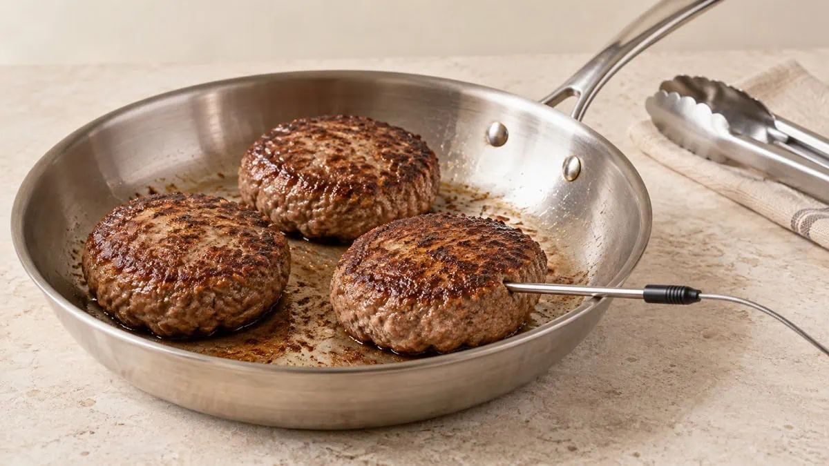Steaks hachés bien cuits contrôlés au centre avec une sonde