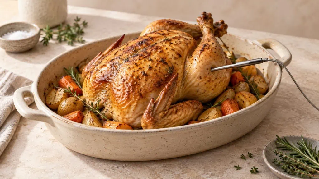 Poulet rôti entier contrôlé avec une sonde dans la partie épaisse de la cuisse