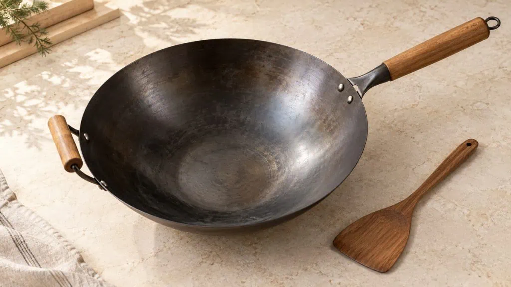 Wok traditionnel en acier carbone avec spatule en bois