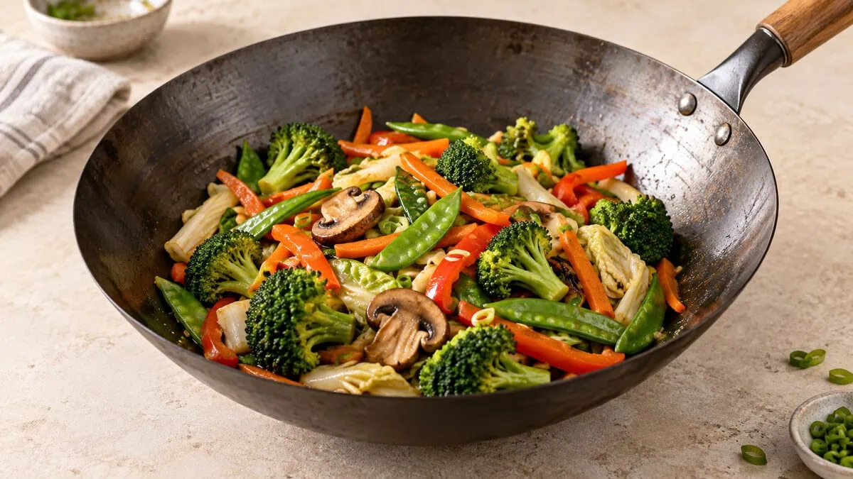 Légumes croquants sautés dans un wok en acier carbone