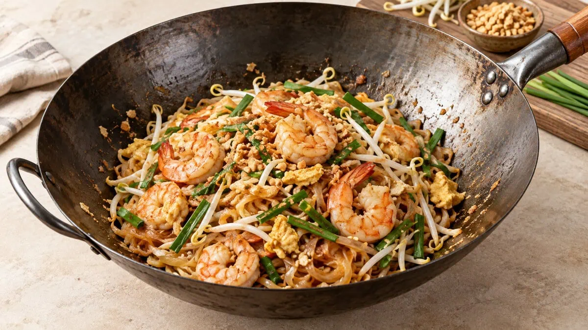 Pad Thaï aux crevettes cuisiné dans un wok