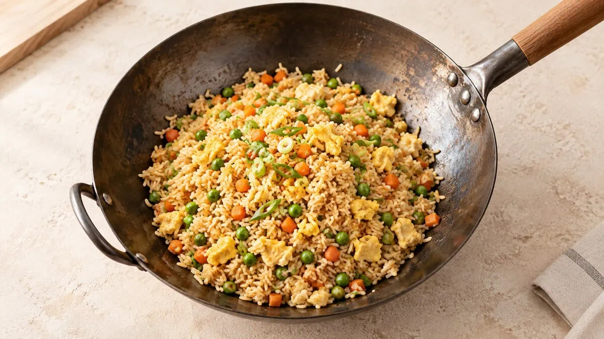 Riz sauté aux légumes et à l’œuf dans un wok