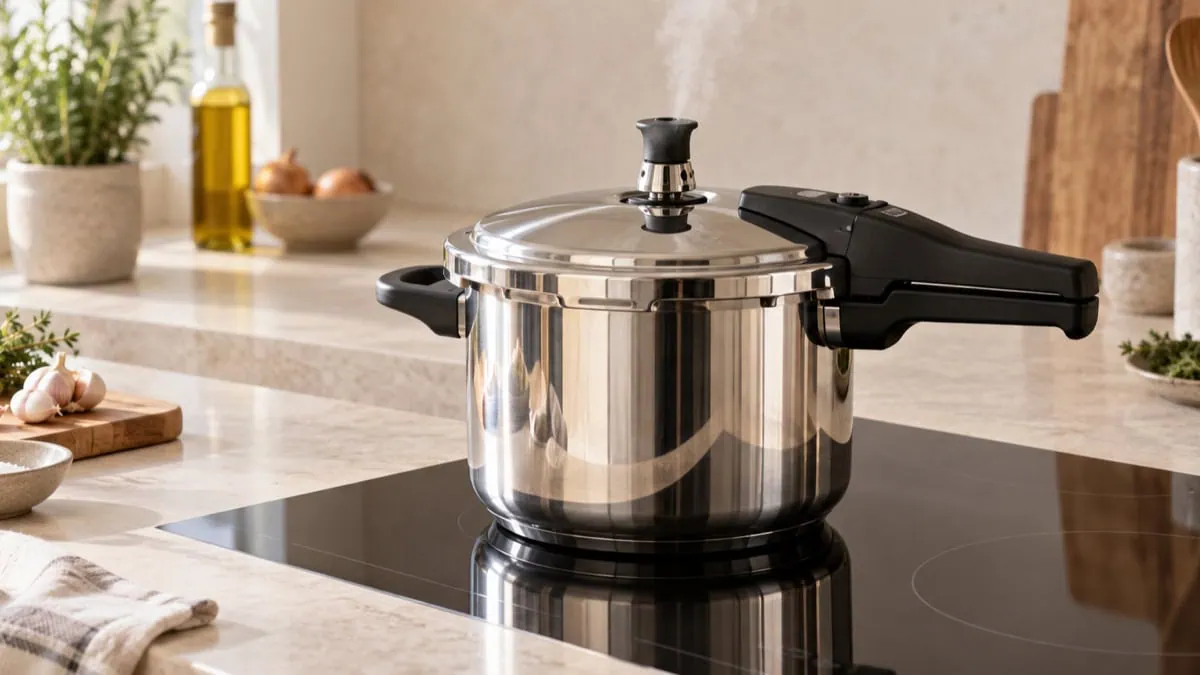 Cocotte-minute en inox sous pression sur une plaque à induction