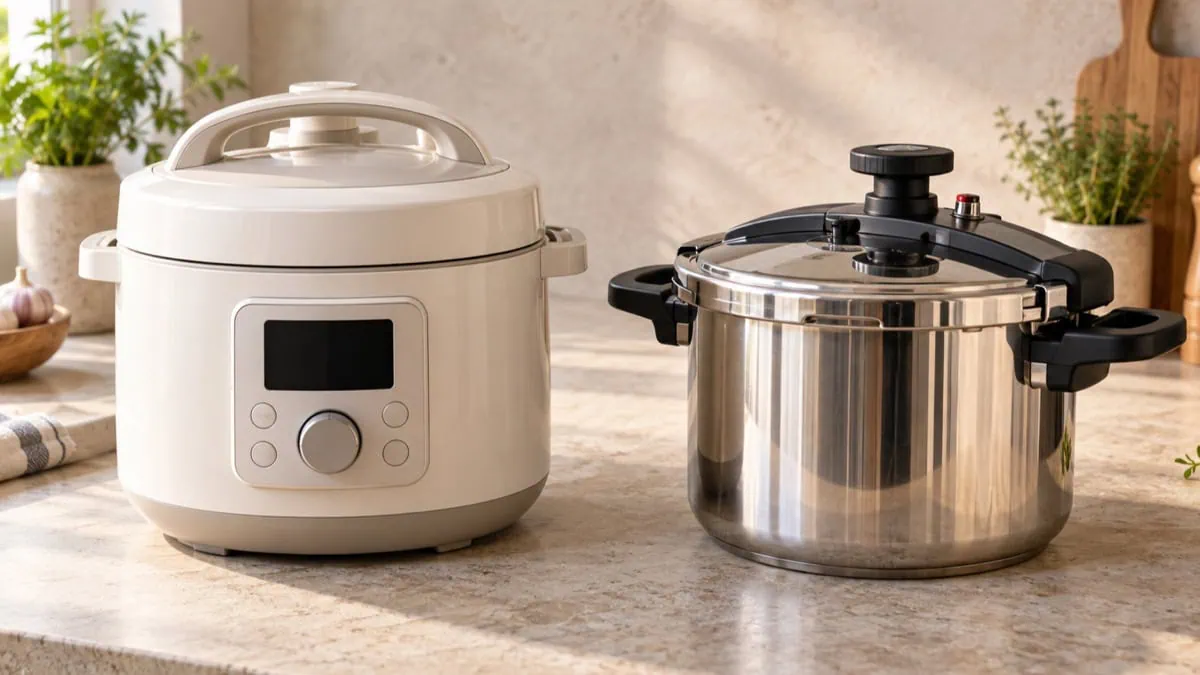 Multicuiseur électrique et cocotte-minute traditionnelle côte à côte