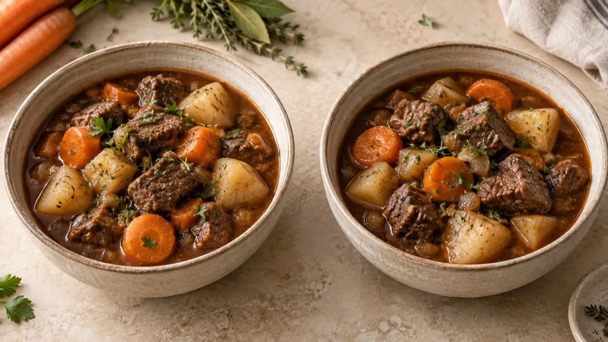 Deux bols de ragoût de bœuf aux carottes cuits sous pression