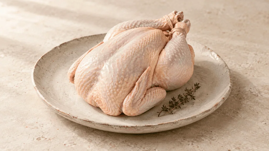 Coq cru préparé pour la cuisson sur un plat en grès